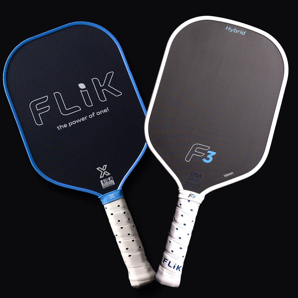 FLiK Original and FLiK F3 pickleball paddles on a black background
