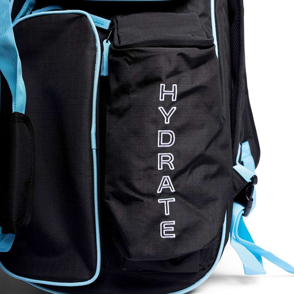 FLiK Pickleball bag in stealth black with electric cyan accents, featuring multiple compartments, waterproof fabric, and dual shoulder straps.
