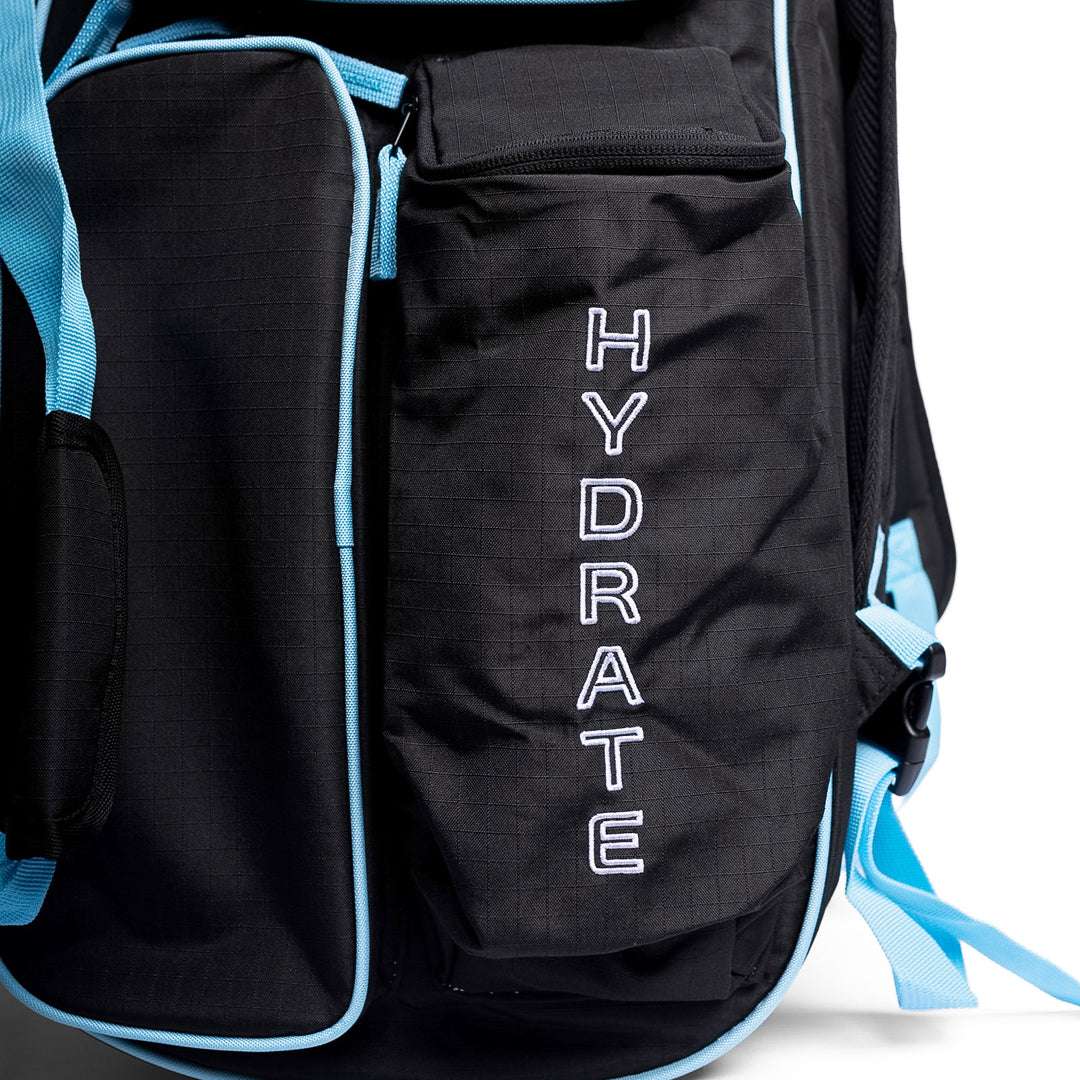FLiK Pickleball bag in stealth black with electric cyan accents, featuring multiple compartments, waterproof fabric, and dual shoulder straps.