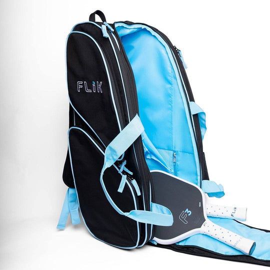 FLiK Pickleball Backpack in stealth black with electric cyan accents, waterproof 45L capacity, multiple compartments, and heavy-duty YKK zippers