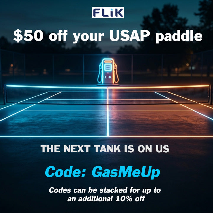 Neon-lit pickleball court with promotional text for FLIK and USAP paddle offer.