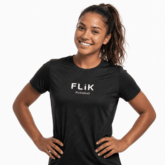 FLiK Cool Flow Performance Shirt on a woman with a white background
