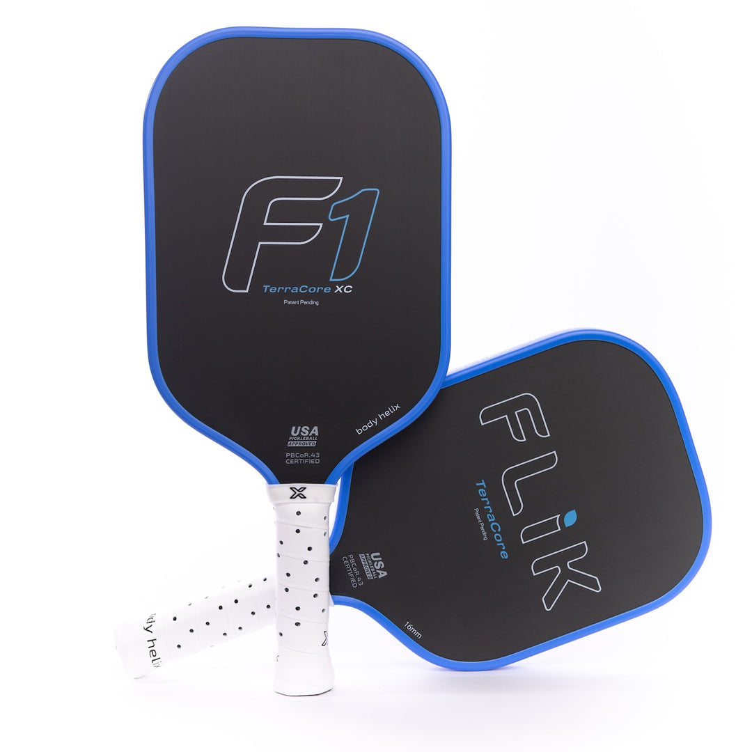 Two pickleball paddles with 'F1' and 'Flik' branding on a white background