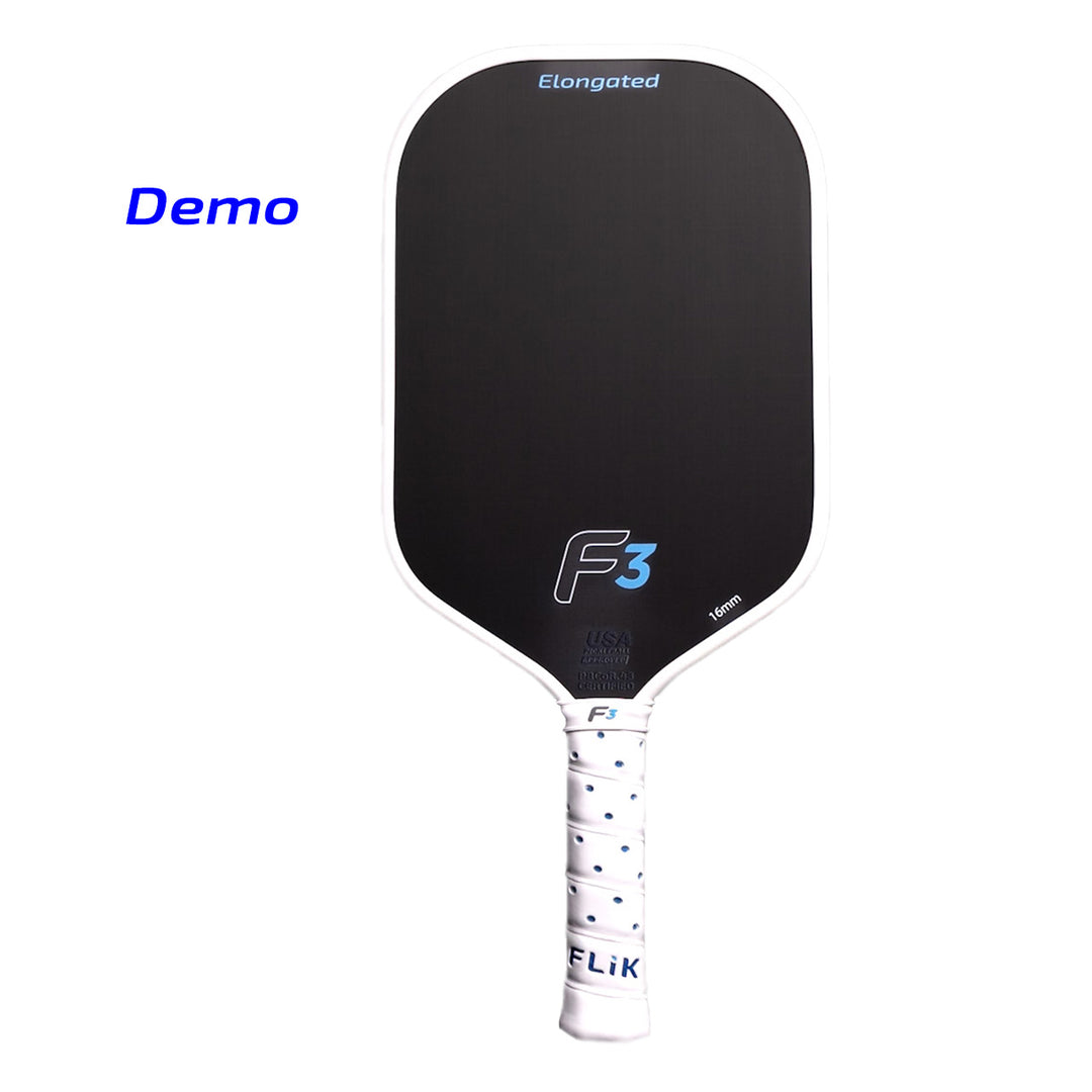 Black pickleball paddle with white handle on a white background