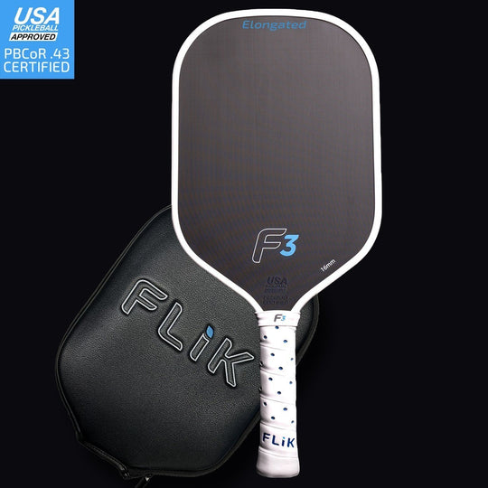 Black F3 pickleball paddle with white accents and a carrying case on a black background, featuring the Flik brand.