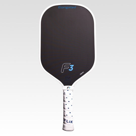 A FLiK pickleball paddle with a black textured paddle face, white border, blue &