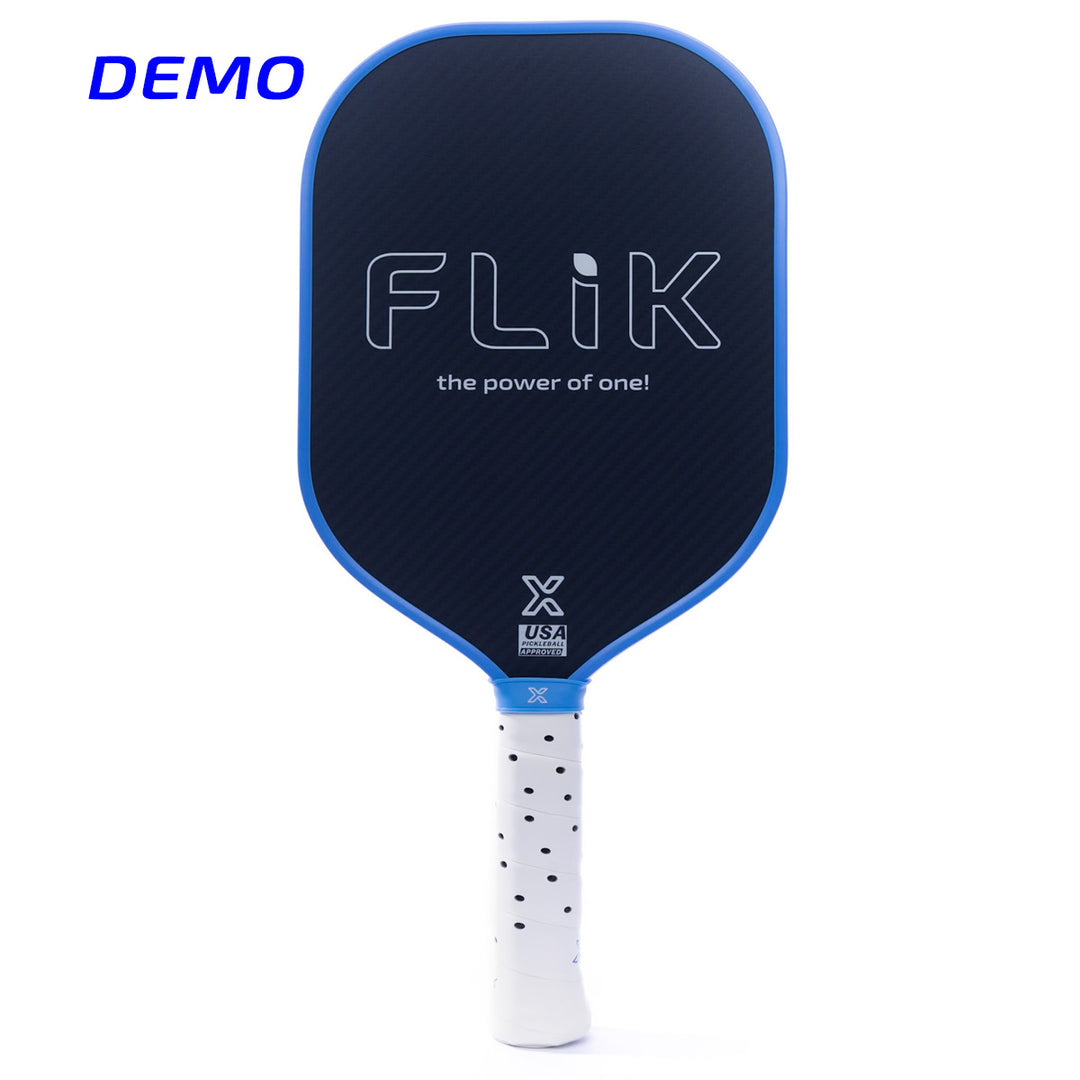 Pickleball paddle with blue and black design on a white background