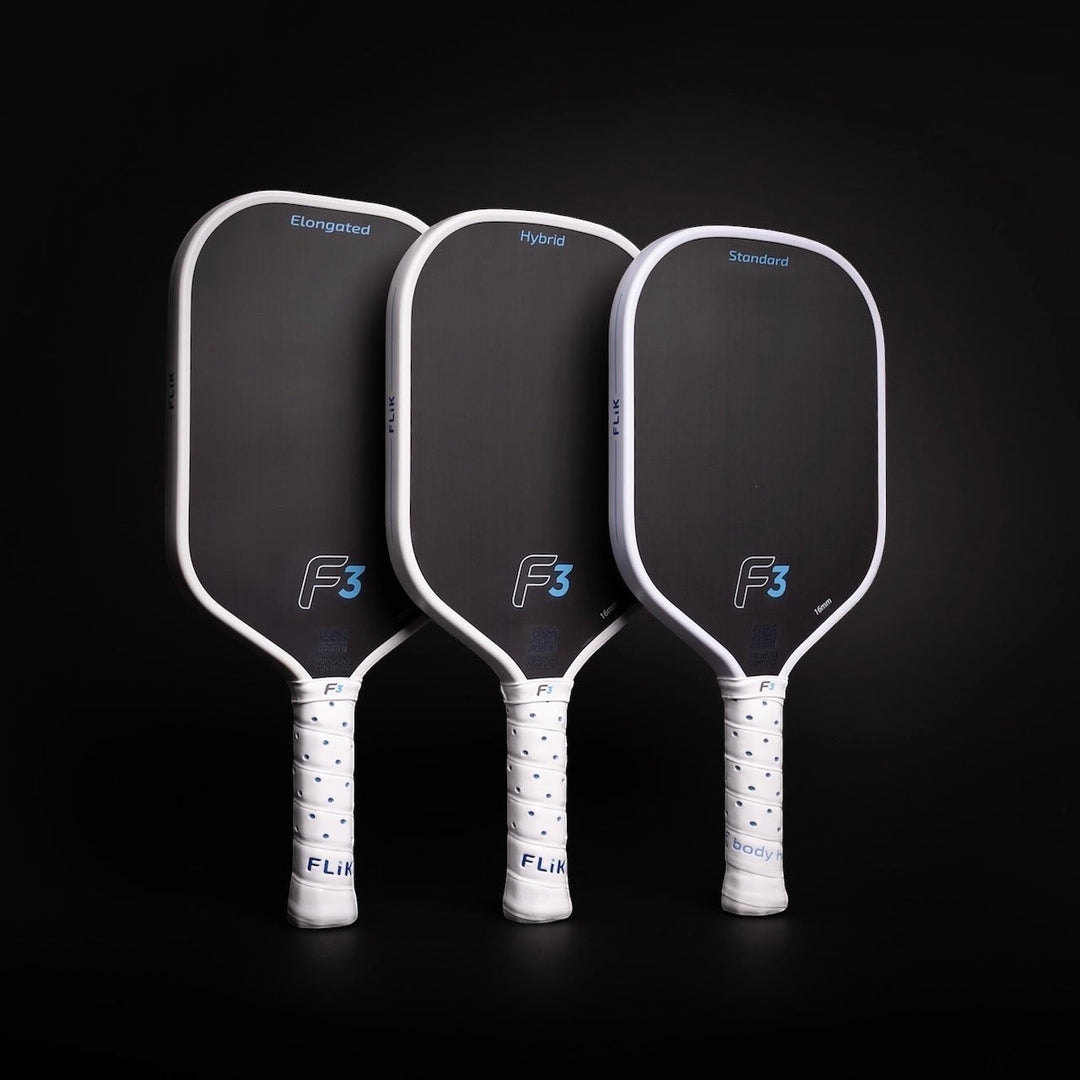 Three pickleball paddles with 'F3' branding on a black background