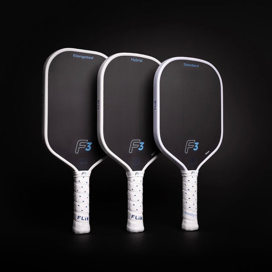 Three pickleball paddles with 'F3' branding on a black background