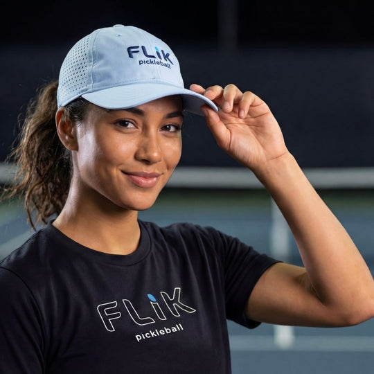 Person wearing a blue cap and black shirt with 'Flik pickleball' branding.