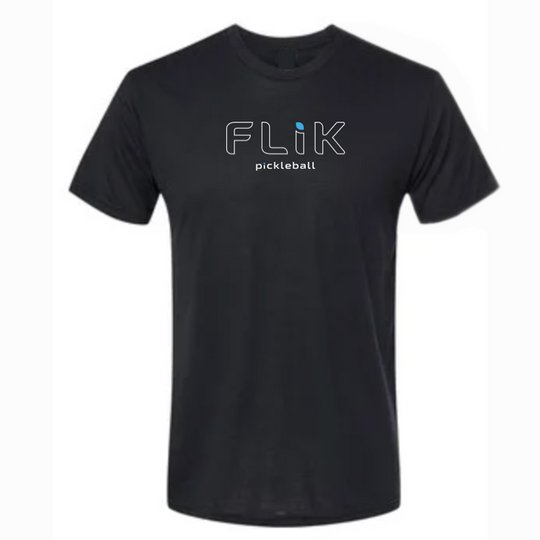 Black t-shirt with 'Flik pickleball' text on a white background