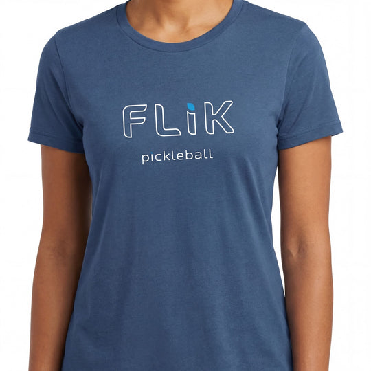 Blue t-shirt with 'Flik pickleball' text on a white background