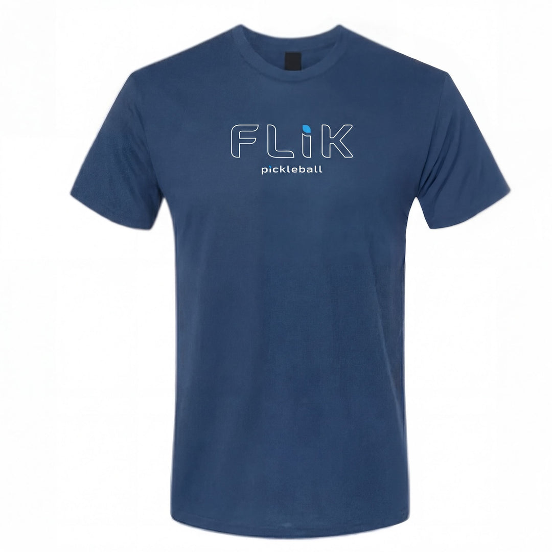 Blue t-shirt with 'Flik pickleball' logo on a white background