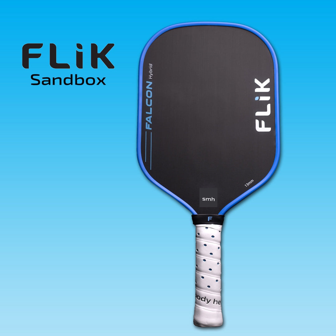 FLIK Falcon Pickleball paddle with blue and black design on a blue background, featuring the Flik brand.