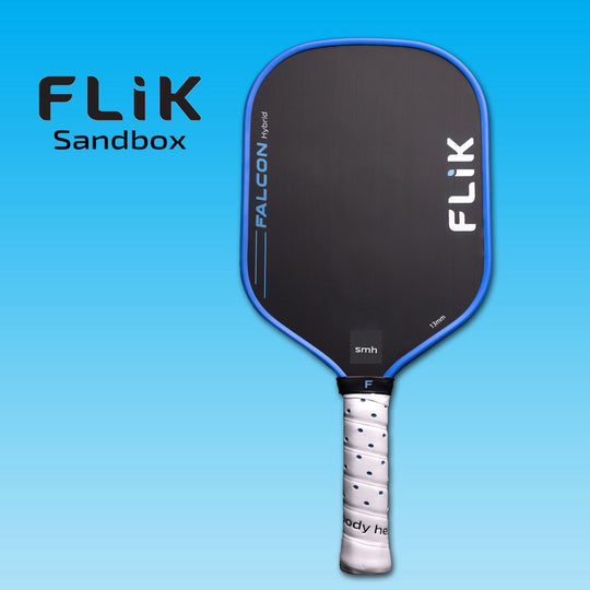 FLIK Falcon Pickleball paddle with blue and black design on a blue background, featuring the Flik brand.