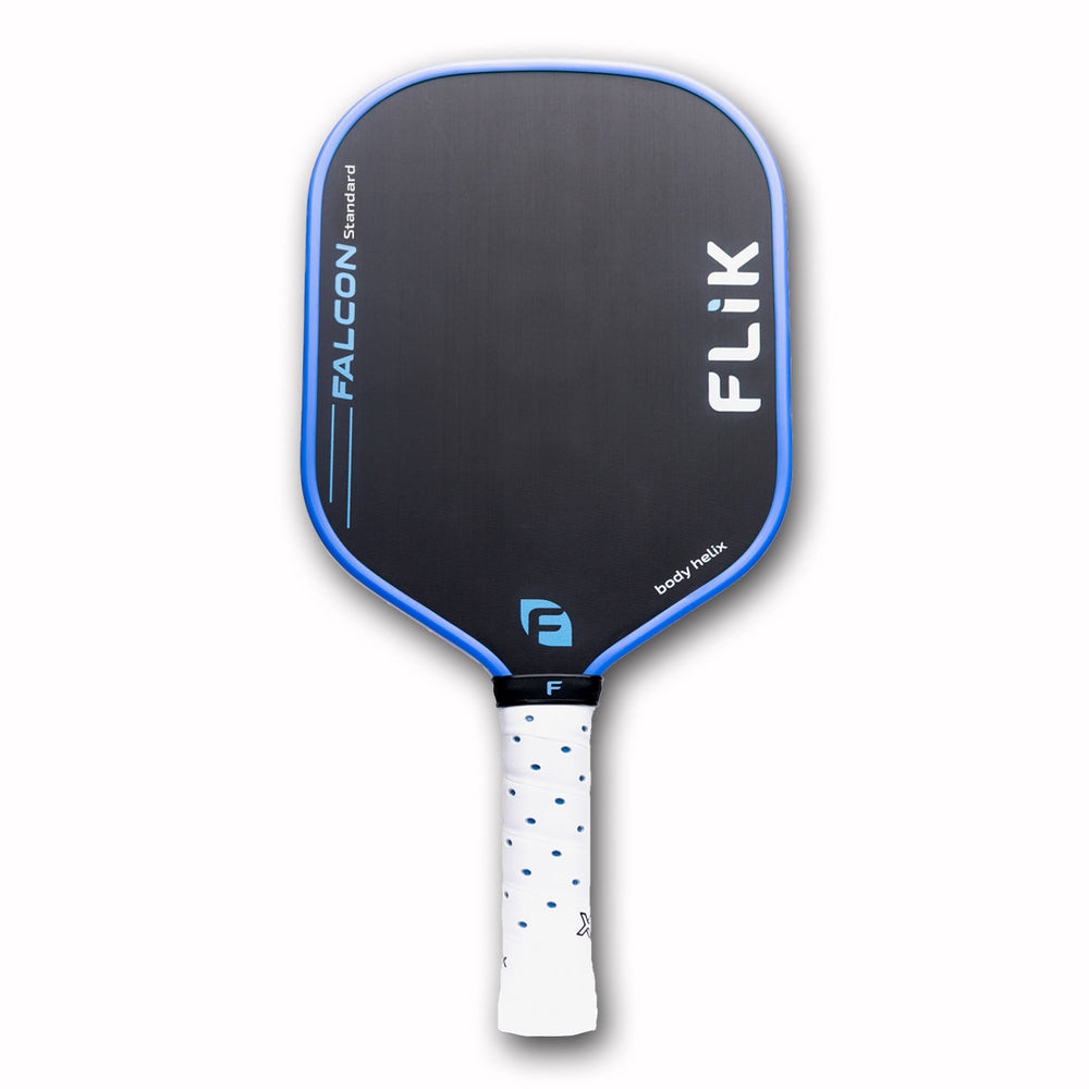FliK Falcon Pickleball paddle with black face, blue rim, and white handle on a white background