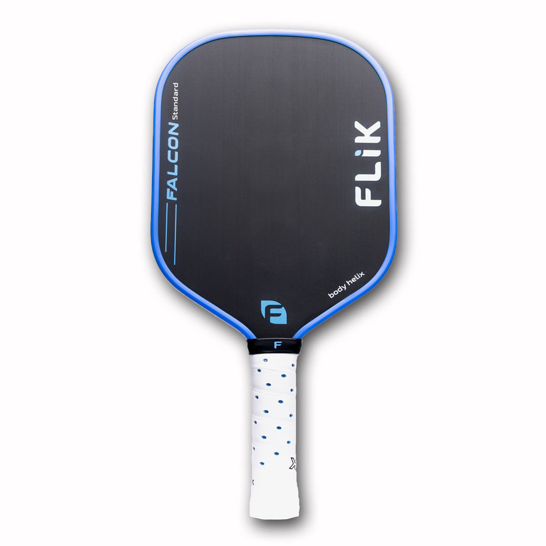 FliK Falcon Pickleball paddle with black face, blue rim, and white handle on a white background
