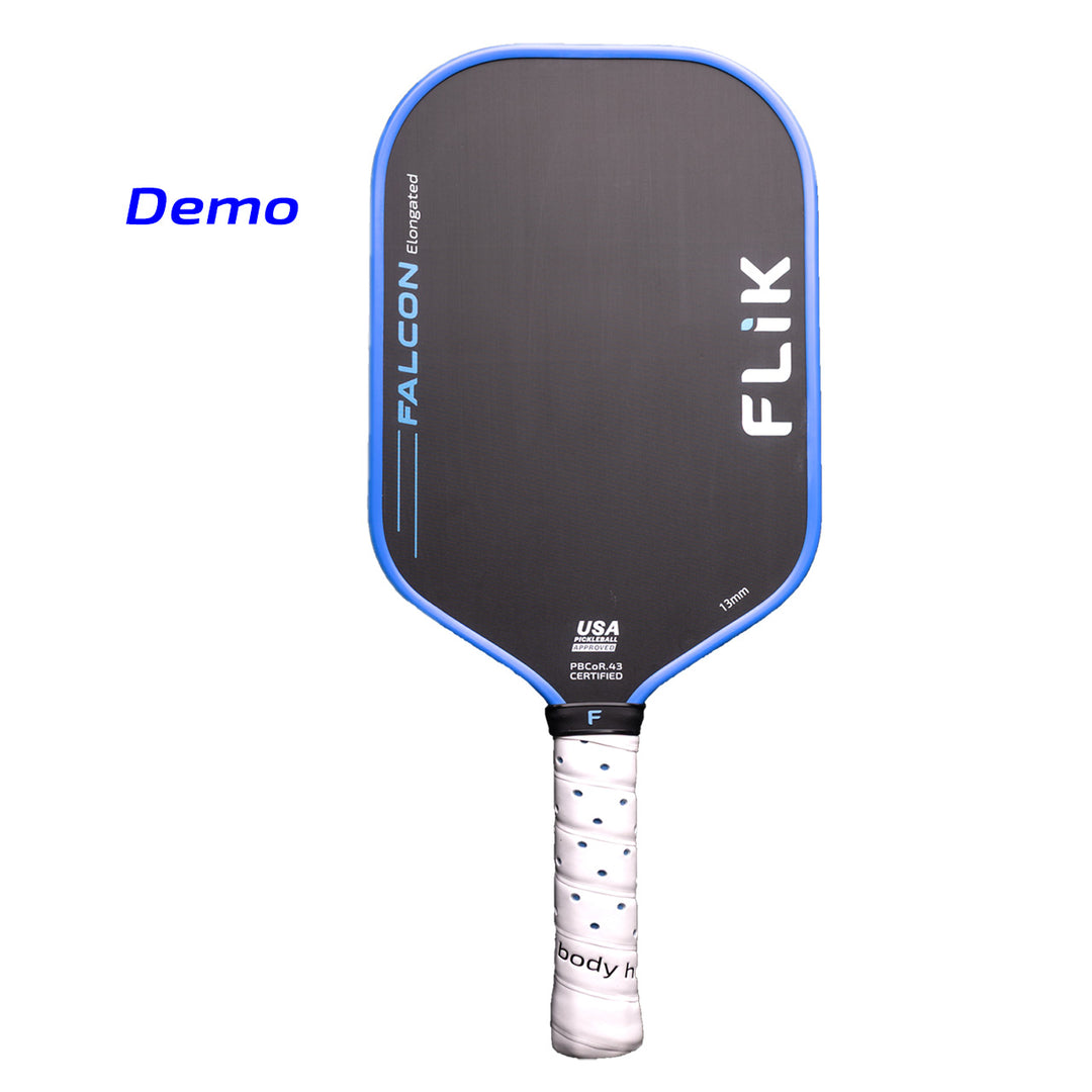 Pickleball paddle with blue rim and white handle on a white background