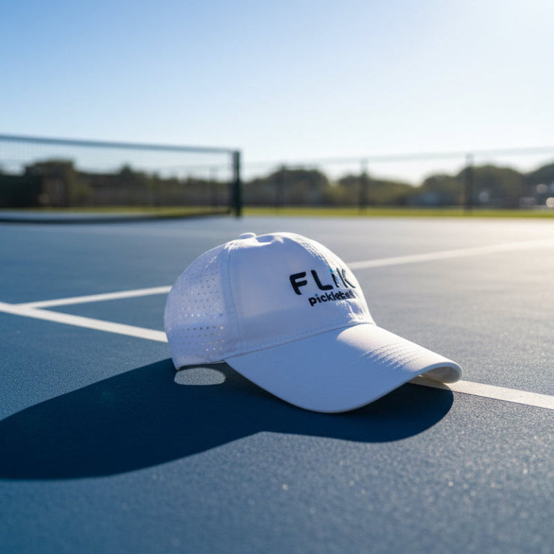 White cap with 'FLITE' branding on a tennis court