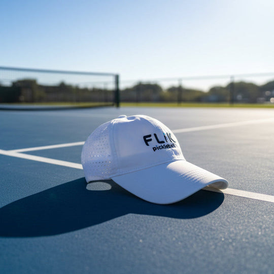 White cap with 'FLITE' branding on a tennis court