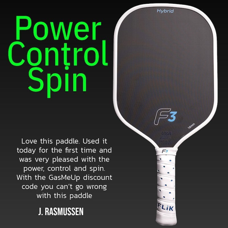 review of the F3 pickleball paddle stating the paddle has power, control and spin