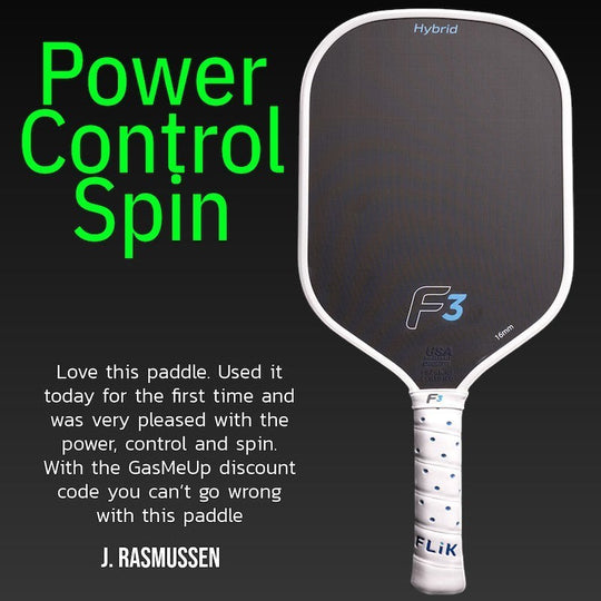 review of the F3 pickleball paddle stating the paddle has power, control and spin