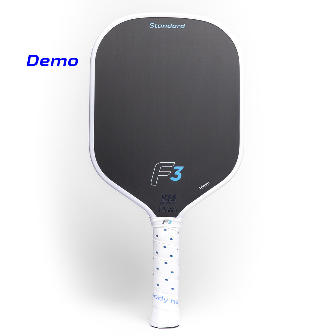 Pickleball paddle with 'F3' branding on a white background