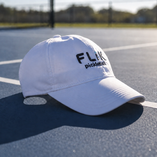 A white baseball cap with black embroidered text reading &