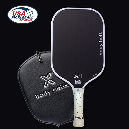 X1 Pickleball paddle with black cover and 'body helix' branding on a black background