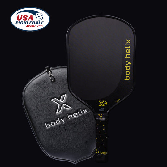 X4 pickleball paddle with 'body helix' branding and a carrying case on a black background, featuring USA Pickleball Approved logo.