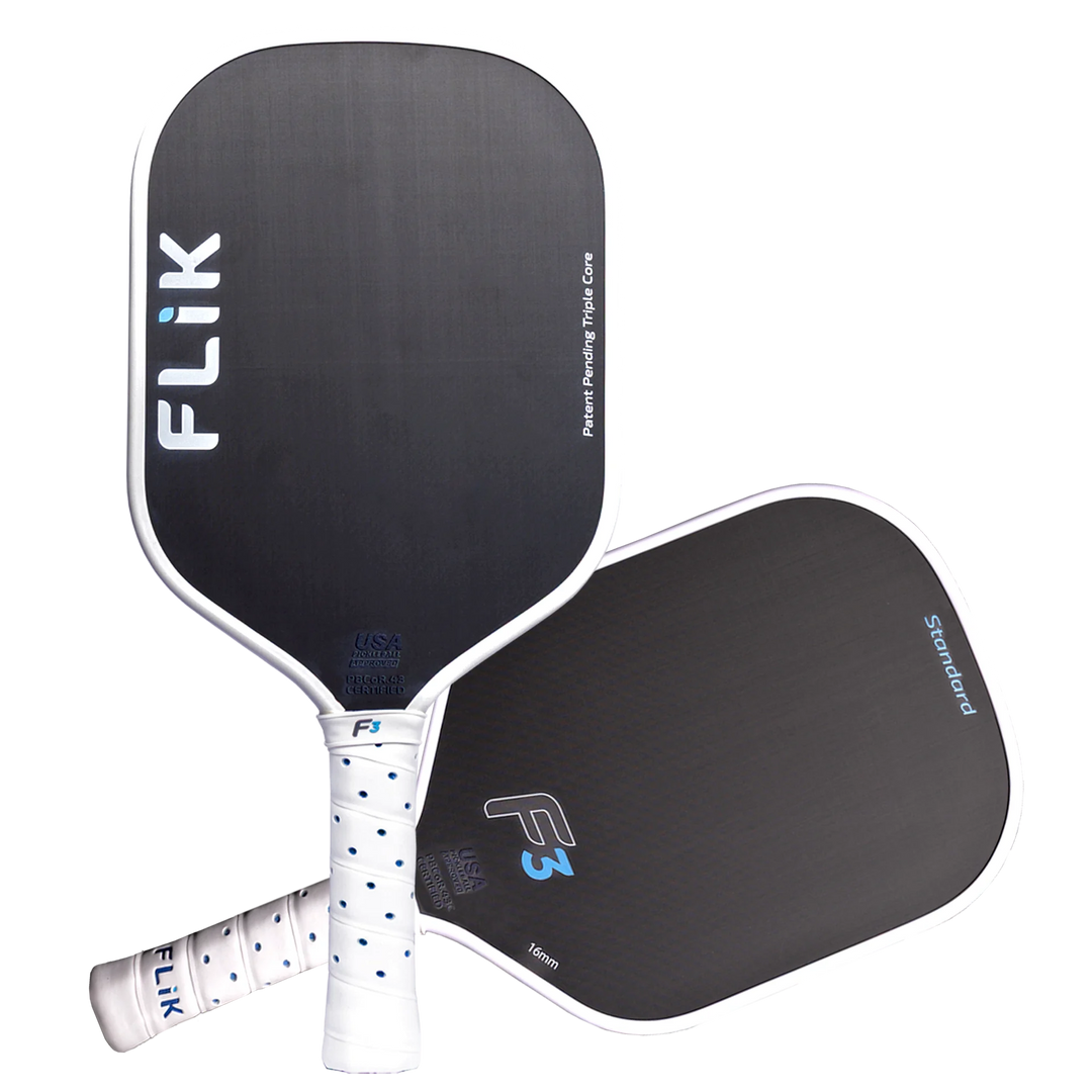 FLiK F3 All-Court pickleball paddle, front and back. Available in Hybrid, Elongated and Standard shapes.