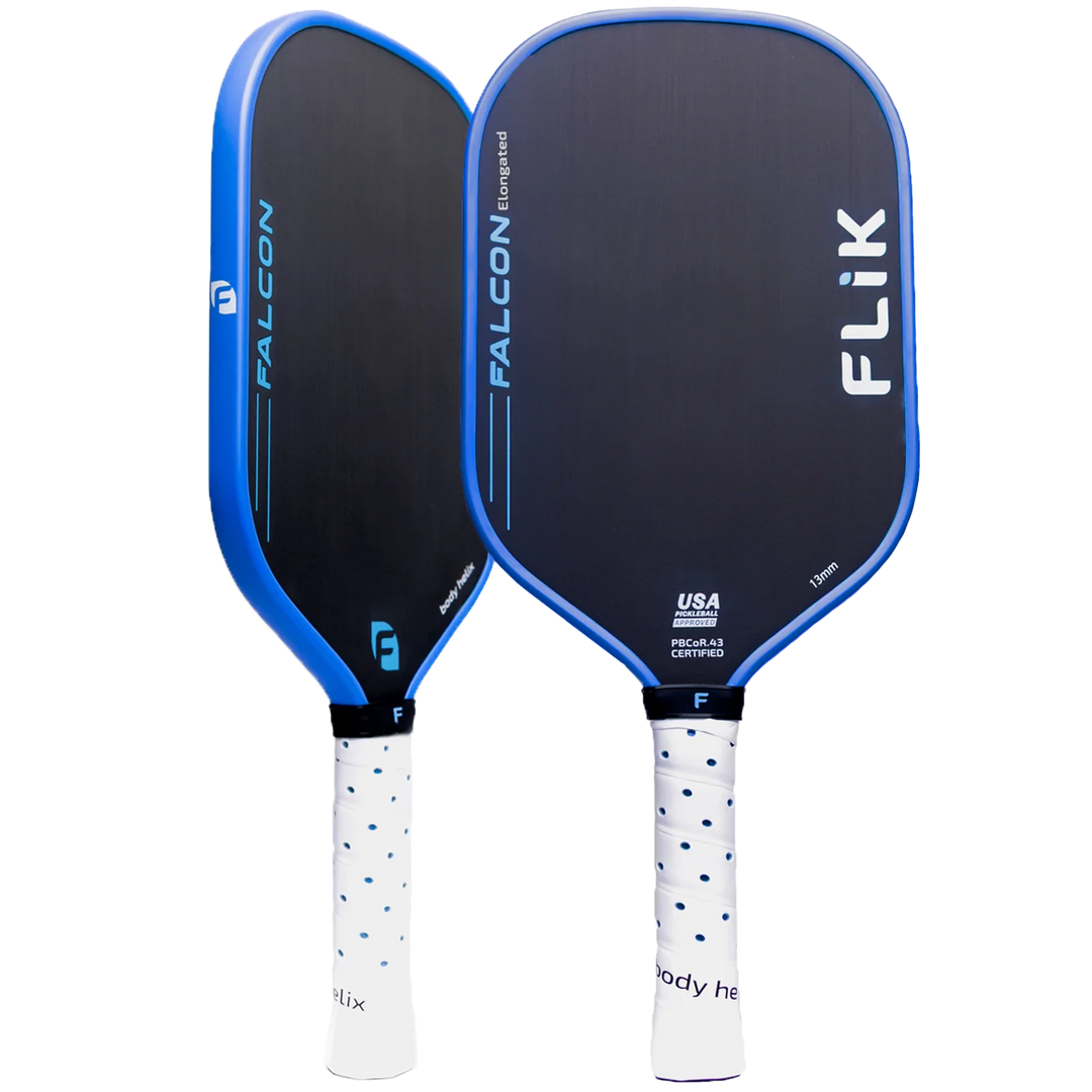 FLiK Falcon All-Court pickleball paddle, angled front view, elongated shape. On sale now during the FLiK Fall Sale.