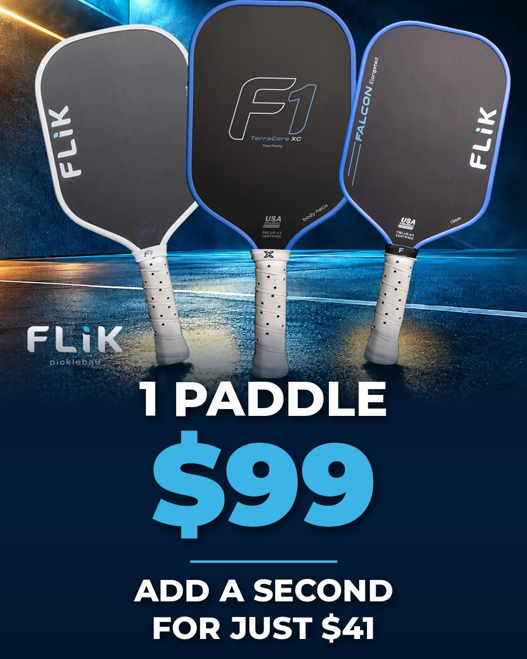 FLiK Fall Sale: 1 FLiK pickleball paddle for $99, add a second for just $41 ($140 for two). F3, F1 and Falcon paddles.